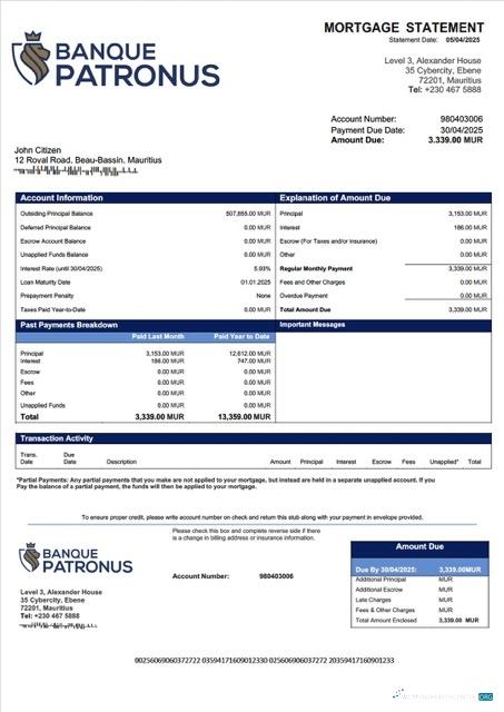 Download Mauritius Banque Patronus Limitée mortgage statement Word and PDF template Photoshop template